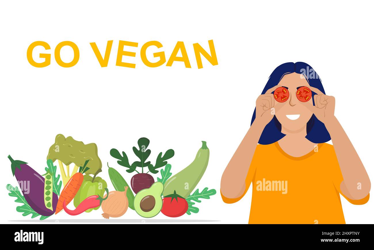Vai vegan e seguire lo stile di vita vegetariano per essere sano. Concetto vegetariano. Illustrazione Vettoriale
