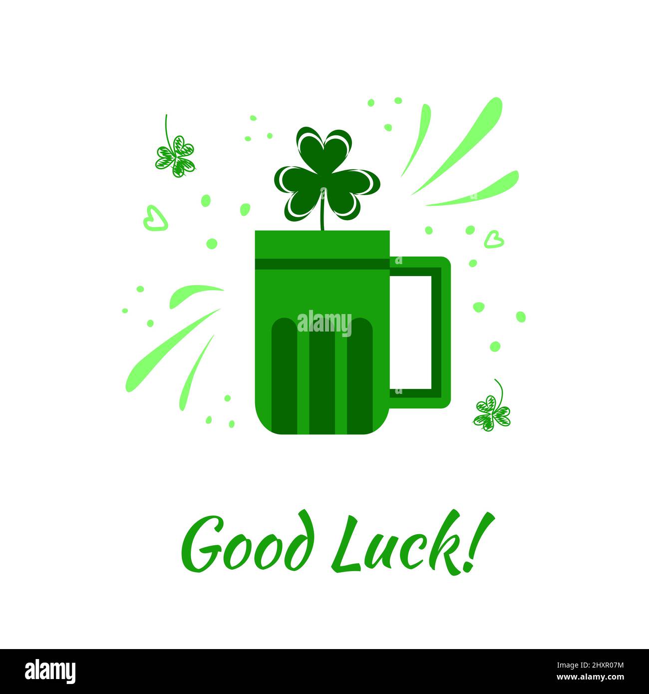 Desiderio di buona fortuna con la tazza di birra, shamrock, spruzzi e gesso trainato shamrock foglie. Saluto elegante, design vettoriale Illustrazione Vettoriale