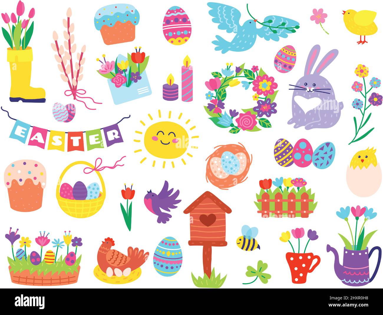 Elementi di pasqua carini, doodles primavera stagione disegnati a mano. Uova dipinte in cestino, coniglietto, fiori, uccelli, primavera vacanza doodle vettore set. Corona floreale, cazzo da cova, candele che bruciano Illustrazione Vettoriale