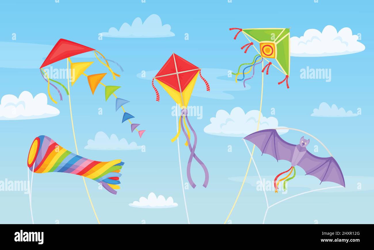Cartoon colorati aquiloni in cielo con le nuvole, kite festival sfondo. Cieli blu con giocattoli aerei volanti, illustrazione vettoriale attività estiva per bambini. Giocattoli di carta di varie forme hovering Illustrazione Vettoriale