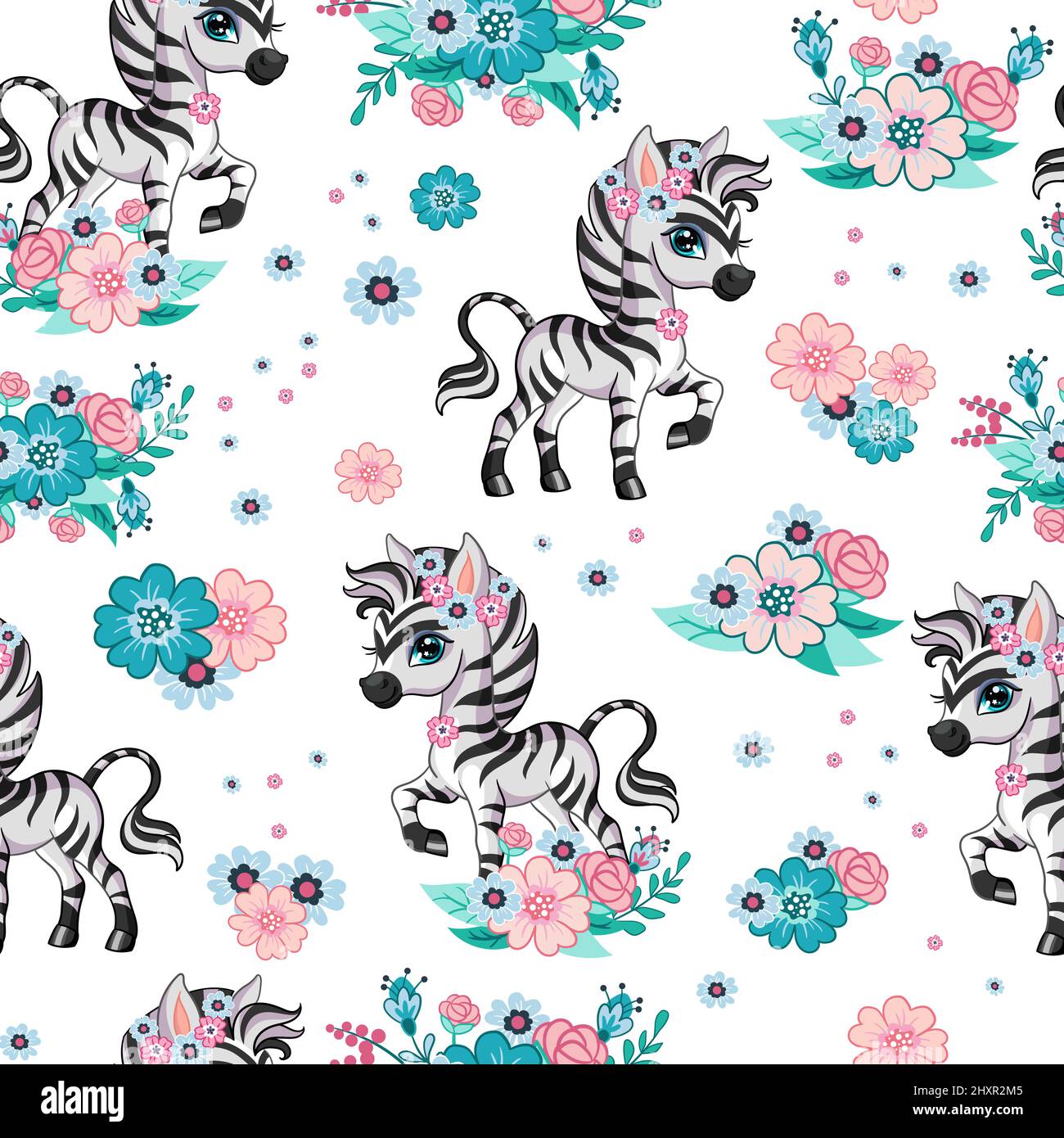 Pattern vettoriale senza cuciture con simpatico zebra felice e fiori isolati su sfondo bianco. Illustrazione vettoriale colorata. Per stampa, biancheria, design, wallpa Illustrazione Vettoriale