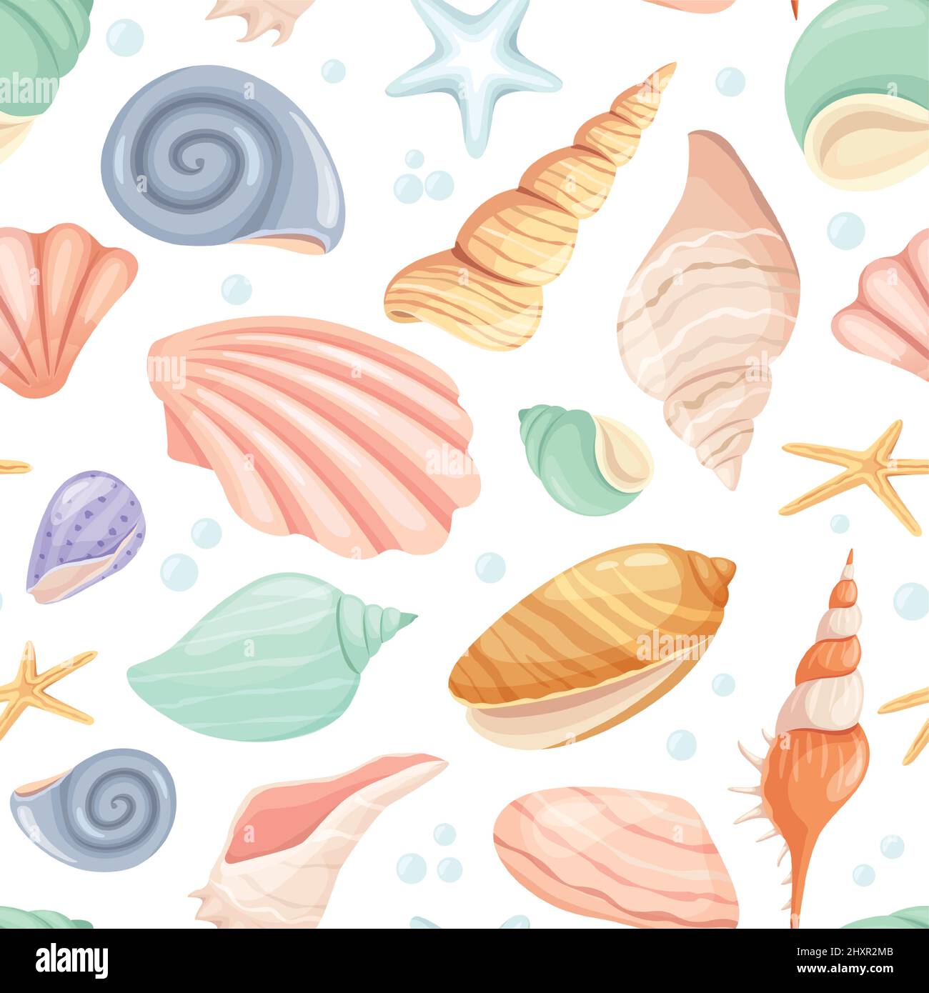 Cartoon Seashell e stelle marine modello senza cuciture, oceano tropicale. Vongole, conchiglie di ostriche, molluschi marini, spiaggia estiva conchiglie vettoriali texture. Increspatura subacquea e conca per carta da parati Illustrazione Vettoriale