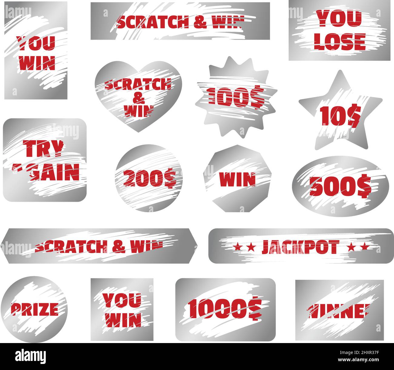 Argento scratchcard, scratch and win gioco, Instant lottery biglietti. Vincitrice del jackpot che graffia le carte, gioco d'azzardo elementi vettoriali set. Superficie cancellata con Riprova, premio e si perde il testo Illustrazione Vettoriale