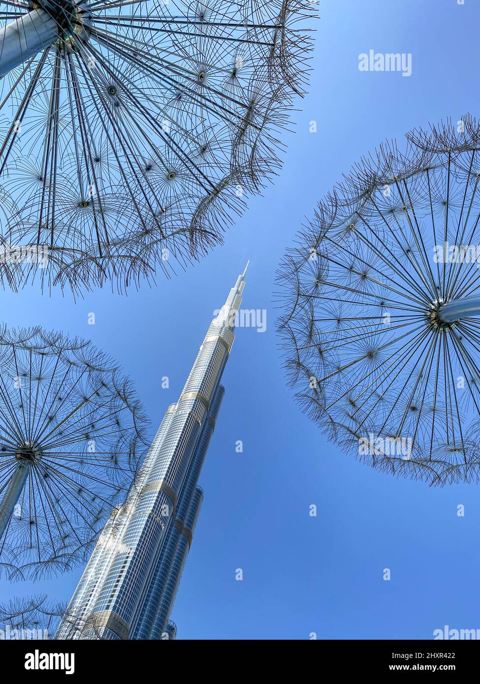 Burj Khalifa come visto attraverso le sculture di Dandelion Lights Foto Stock