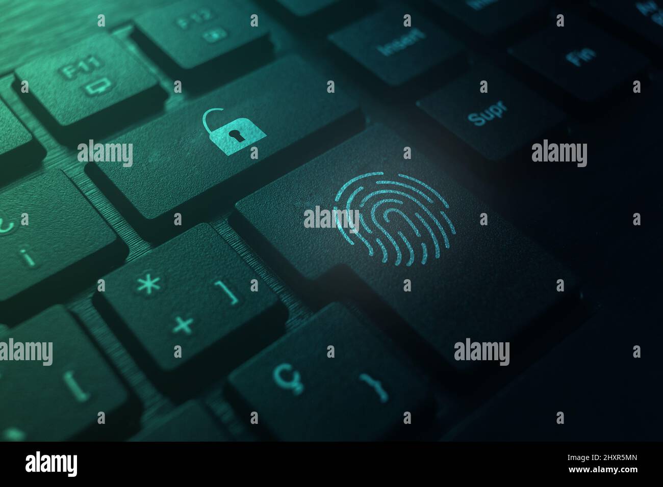 Concetto di tecnologia di sicurezza dell'impronta digitale sulla tastiera. Sblocca utente. Tecnologia globale. Protezione dei dati e sicurezza informatica. Foto Stock