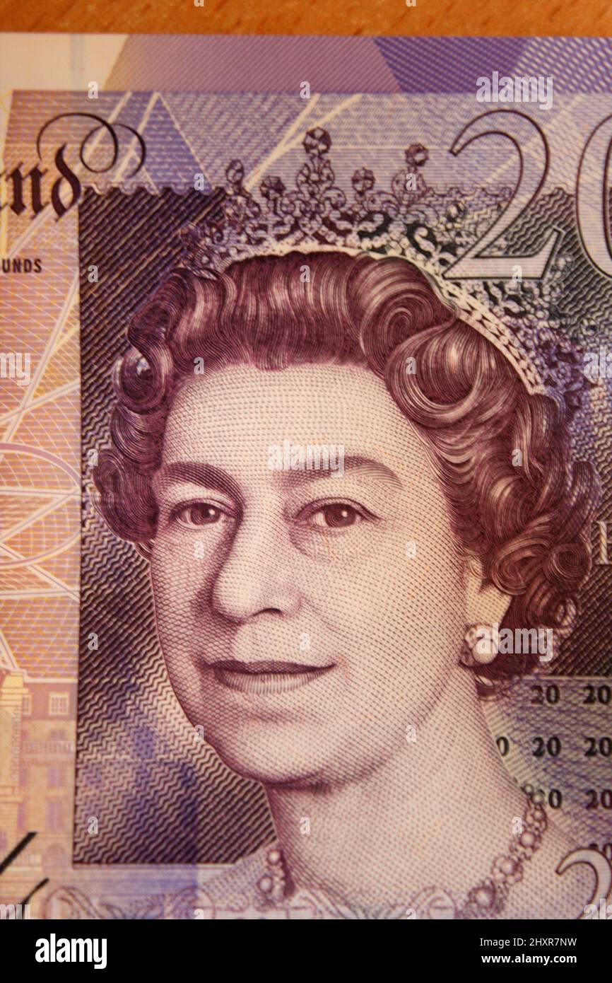 British 20 libbre con British Queen su di esso. Foto Stock