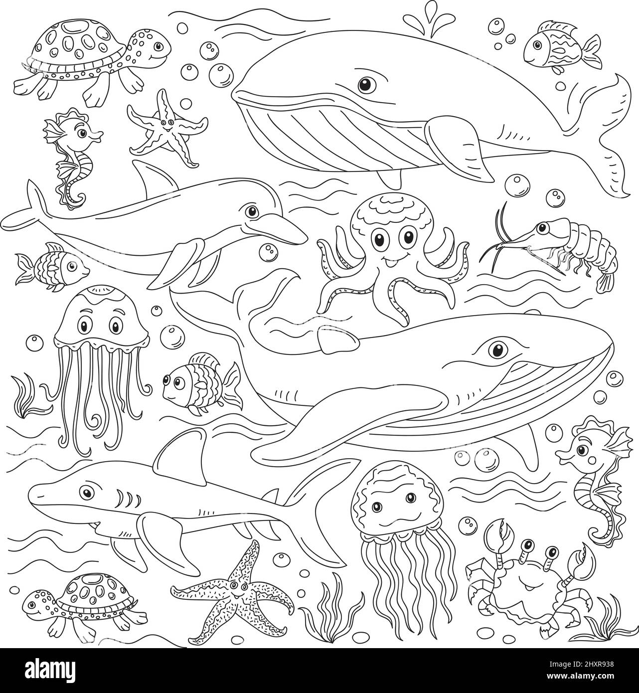 Delineato Doodle anti-stress colorazione pagina carino mare animali e pesce. Libro da colorare per adulti e bambini Illustrazione Vettoriale