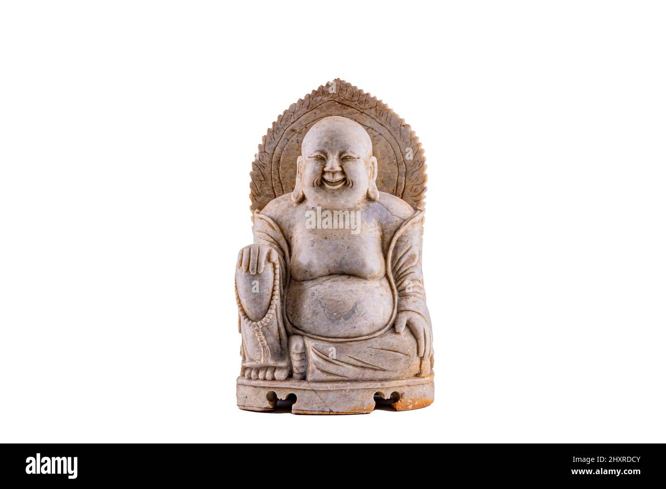 Primo piano di una statua di Dio Hotei isolata su bianco Foto Stock