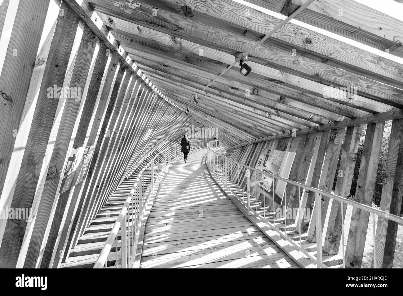 Scala di grigi di una ragazza che cammina su un ponte Foto Stock