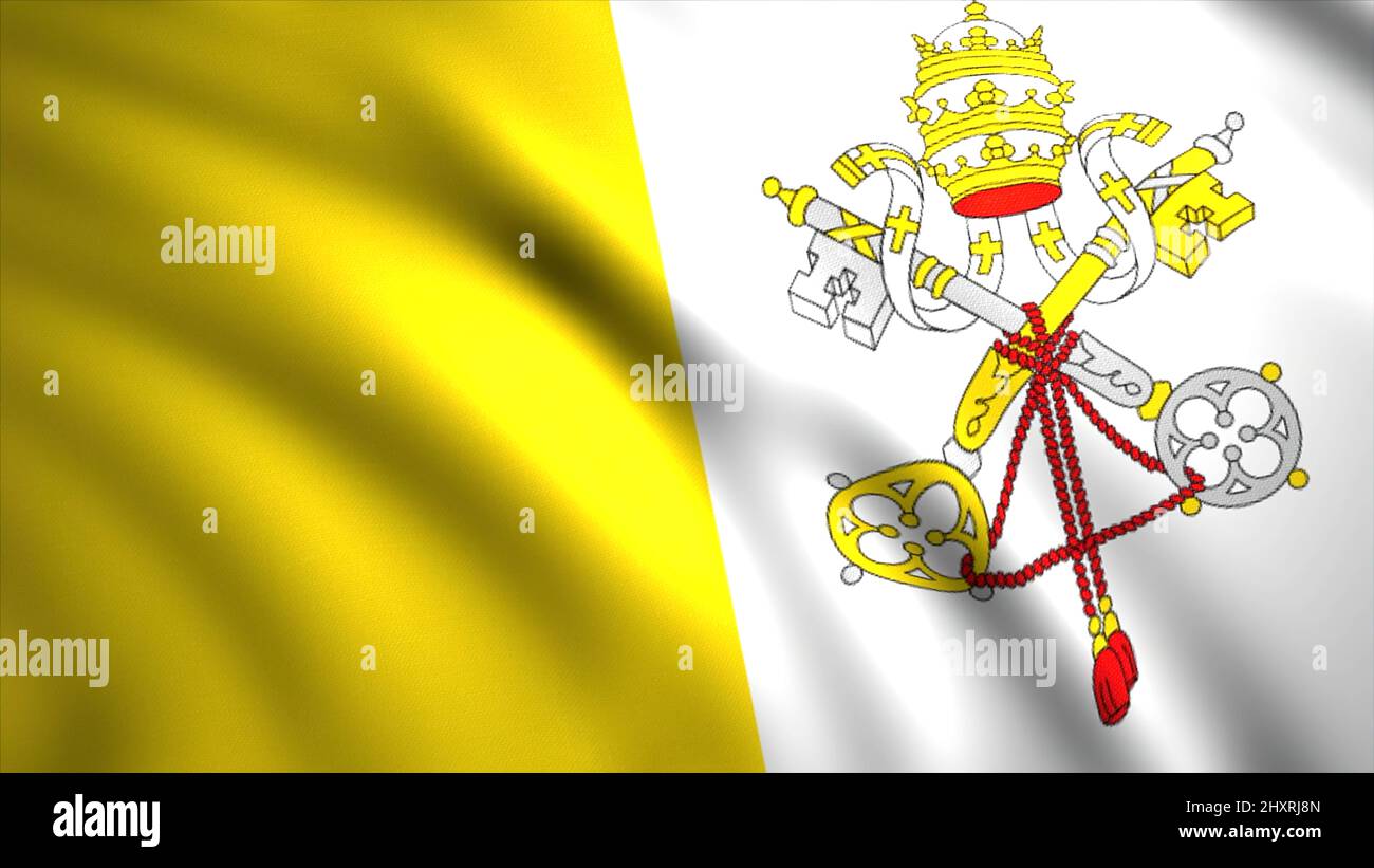 Bandiera nazionale del Vaticano, tessuto astratto con ondulazioni. Movimento. Bandiera bianca e gialla con le due chiavi incrociate e la tiara papale sullo stemma Foto Stock