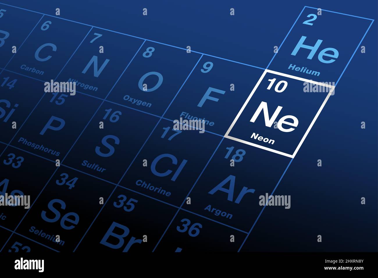 Neon sulla tavola periodica degli elementi, con il simbolo NE dalla parola greca neos, con numero atomico 10. Gas nobile con un caratteristico bagliore rosso-arancio. Foto Stock