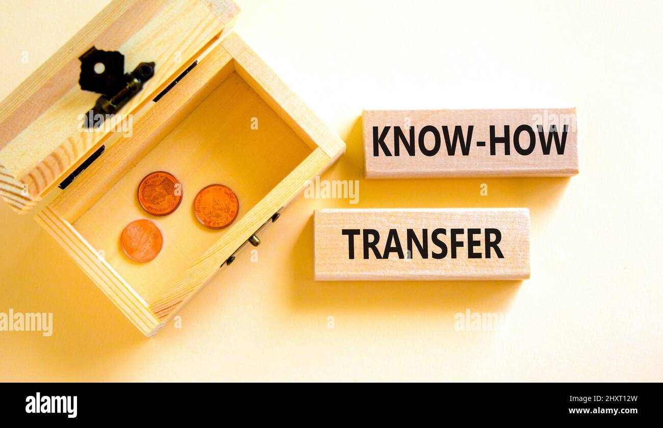 Simbolo di trasferimento del know-how. Concetto parole know-how trasferimento su blocchi di legno su sfondo bianco bello. Cassa di legno con monete. Spazio di copia. Autobus Foto Stock