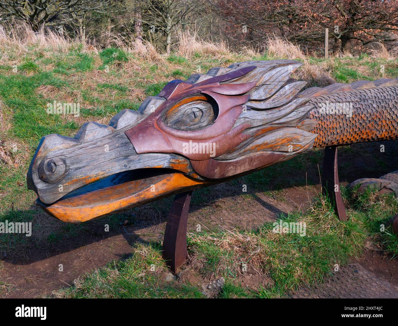 Testa dettaglio di una scultura in legno e acciaio intagliata di un drago al North Yorkshire Moors Center Danby Foto Stock