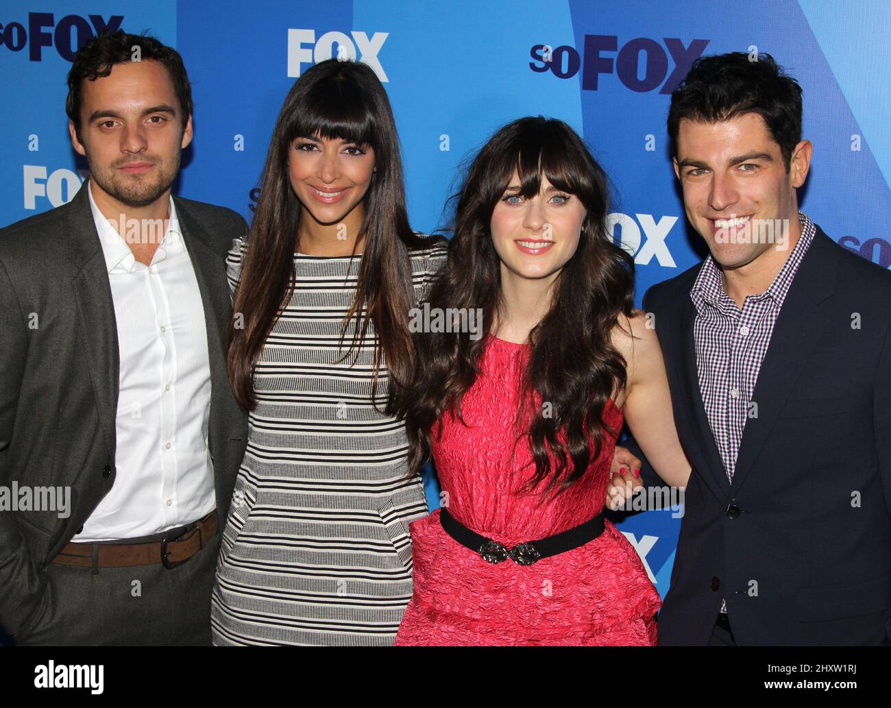Jake Johnson, Hannah Simone, Zooey Deschanel e Max Greenfield partecipa al 2011 FOX Programming Presentation Post Party al Wollman Rink di Central Park il 16 maggio 2011 a New York City. Foto Stock