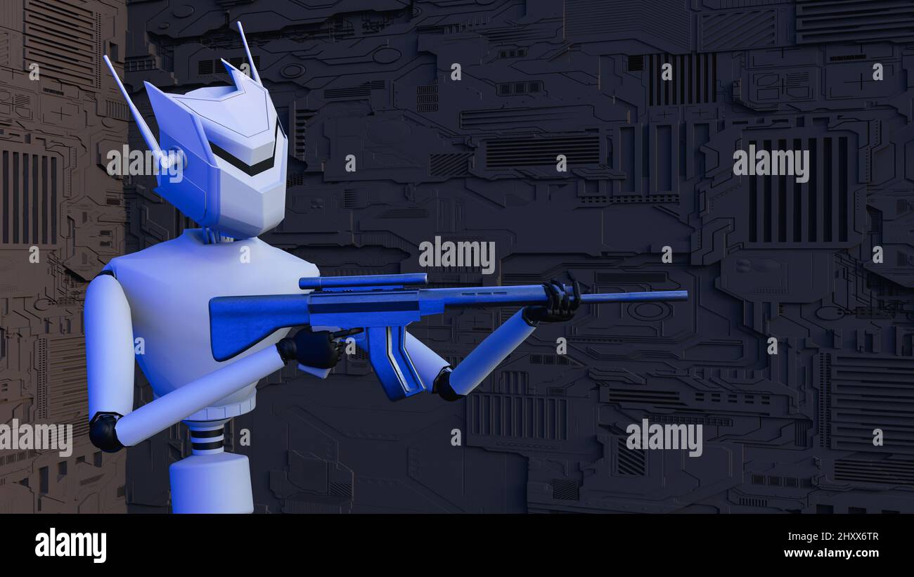 un robot armato prende la mira (rendering 3d) Foto Stock