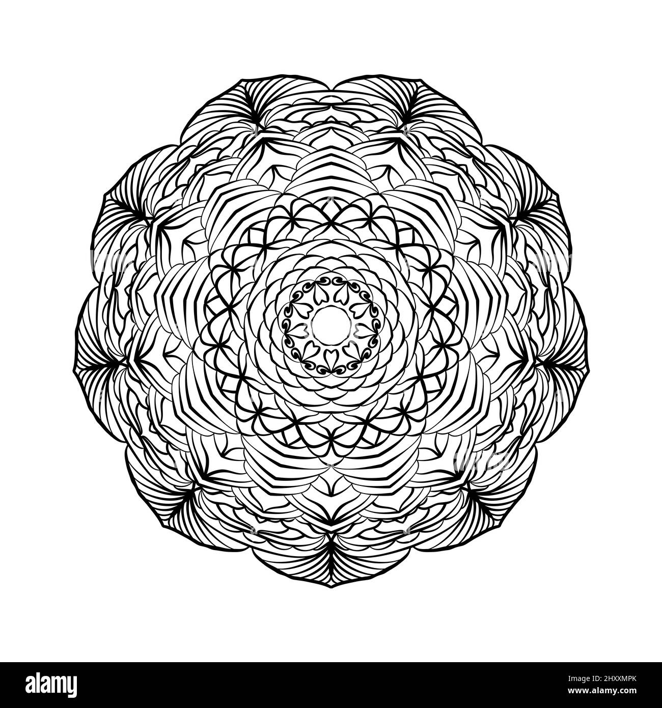 Mandala. Sfondo decorativo etnico per il design. Modello rotondo disegnato a mano. Elemento pagina libro da colorare. Foto Stock