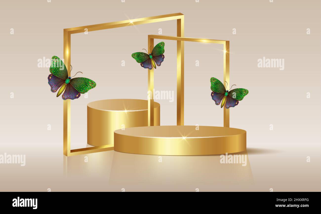3d palco vuoto con archi quadrati d'oro decorati con farfalle colorate, vettore isolato su sfondo beige. Set Showcase con podio vuoto Illustrazione Vettoriale