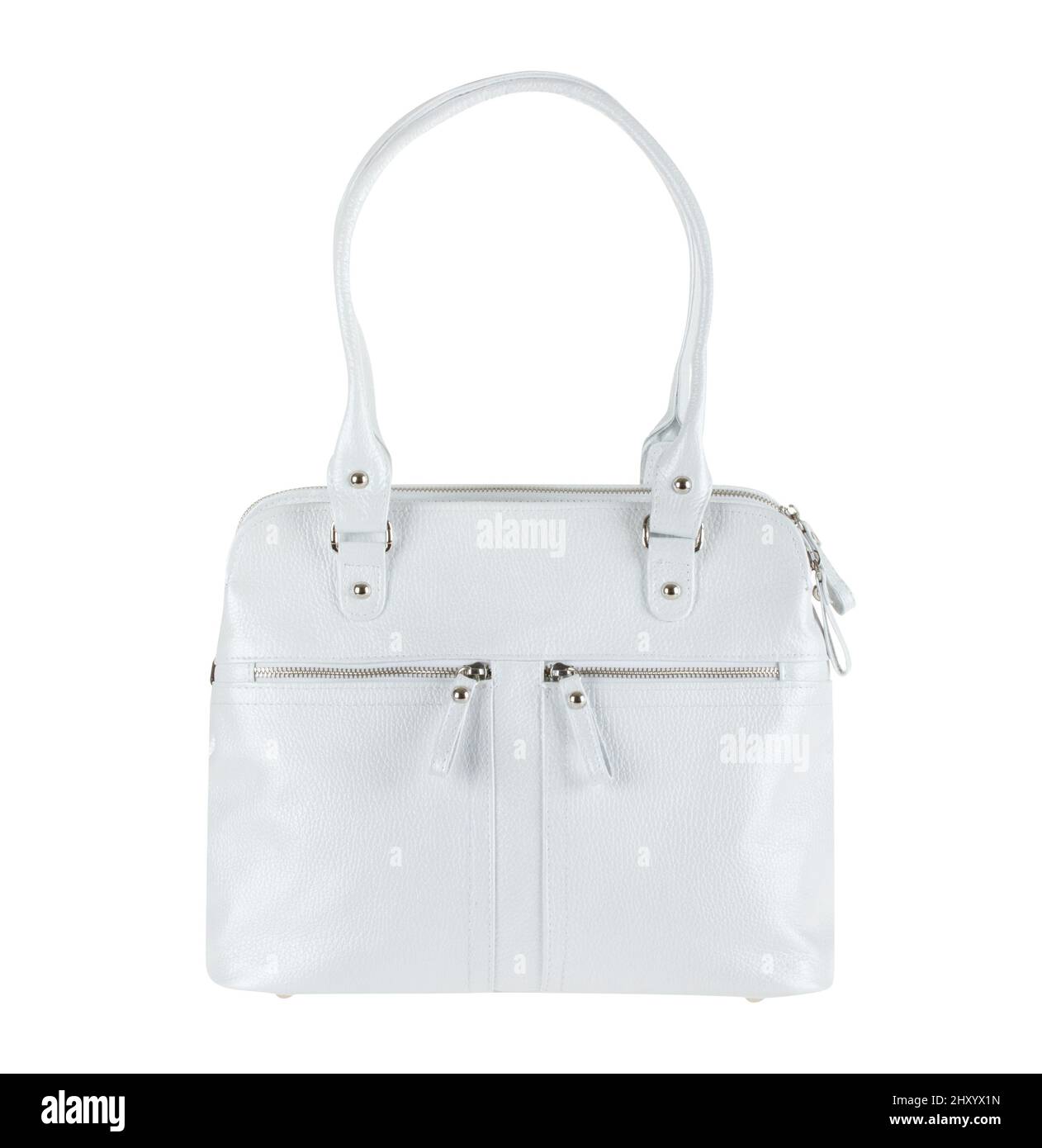 Lato anteriore della classica borsa bianca da donna con due piccole tasche con zip isolata su sfondo bianco con percorso di taglio Foto Stock