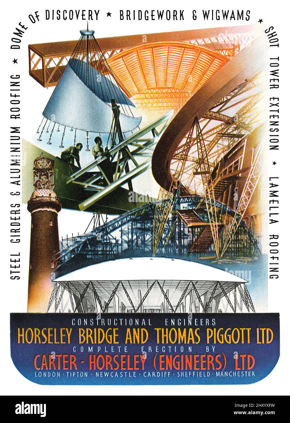 1951 pubblicità britannica per Horseley Bridge e Thomas Piggott Ltd e Carter-Horseley (Engineers) Ltd, costruttori del Dome of Discovery e altri edifici al Festival of Britain sito sulla South Bank, Londra. Foto Stock
