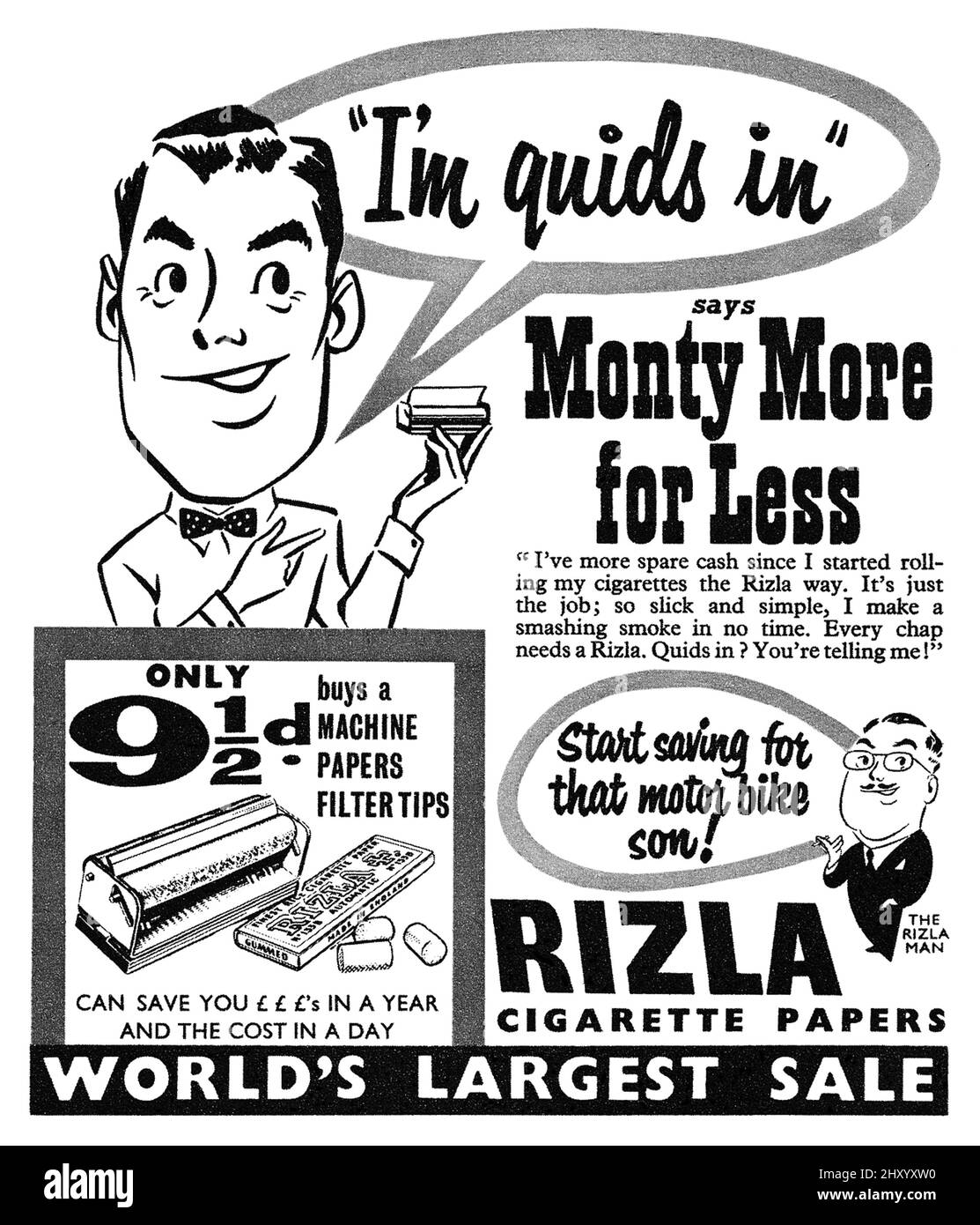 1955 Pubblicità britannica per carte da sigaretta Rizla e macchina per arrotolare sigarette. Foto Stock