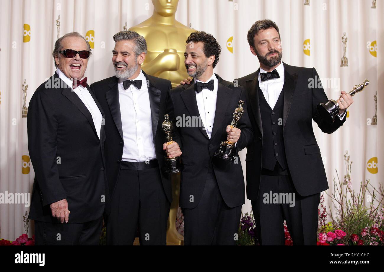 Jack Nicholson, George Clooney, Grant Heslov e ben Affleck partecipano alla Sala Stampa 85th Academy Awards a Los Angeles, California. Foto Stock