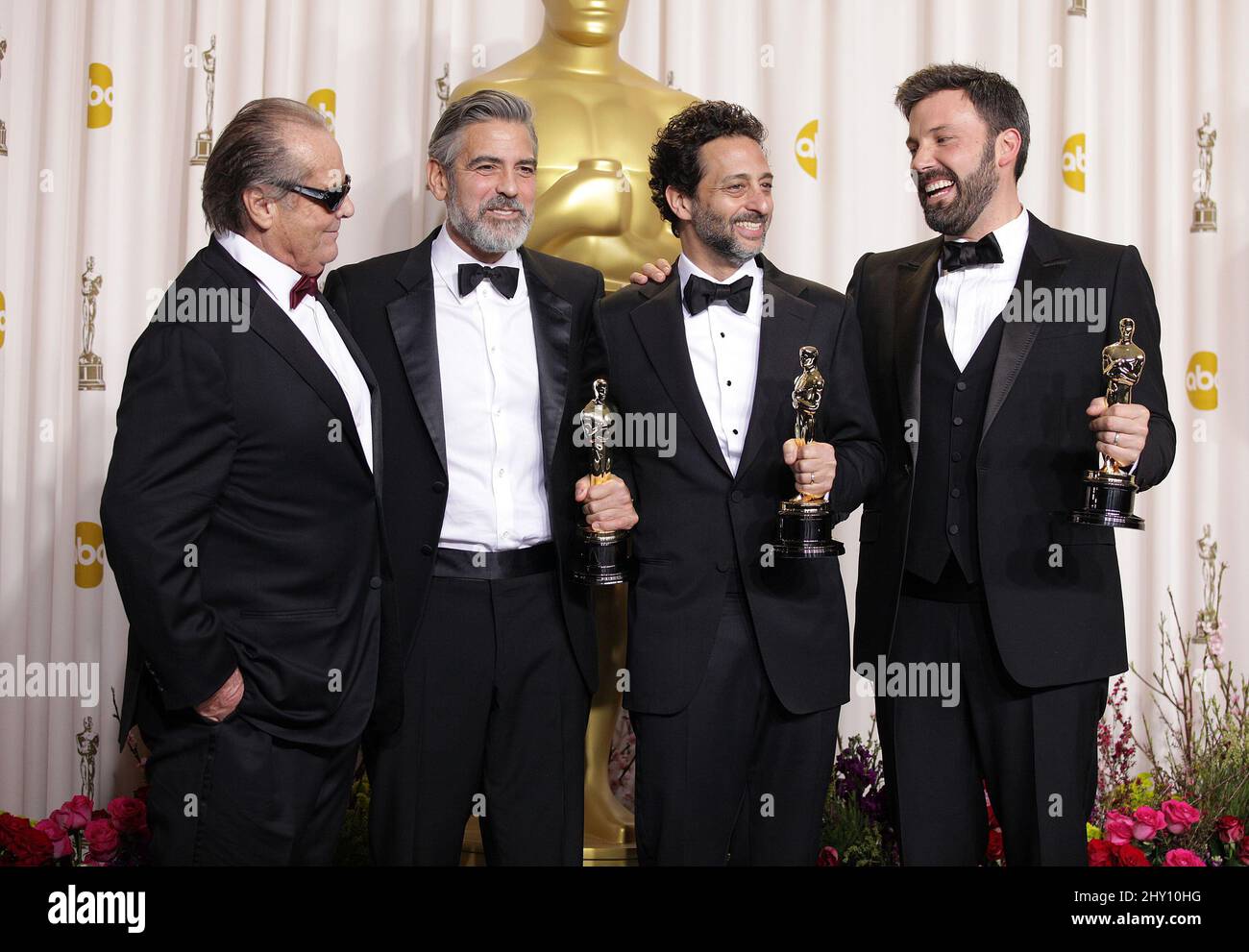 Jack Nicholson, George Clooney, Grant Heslov e ben Affleck partecipano alla Sala Stampa 85th Academy Awards a Los Angeles, California. Foto Stock