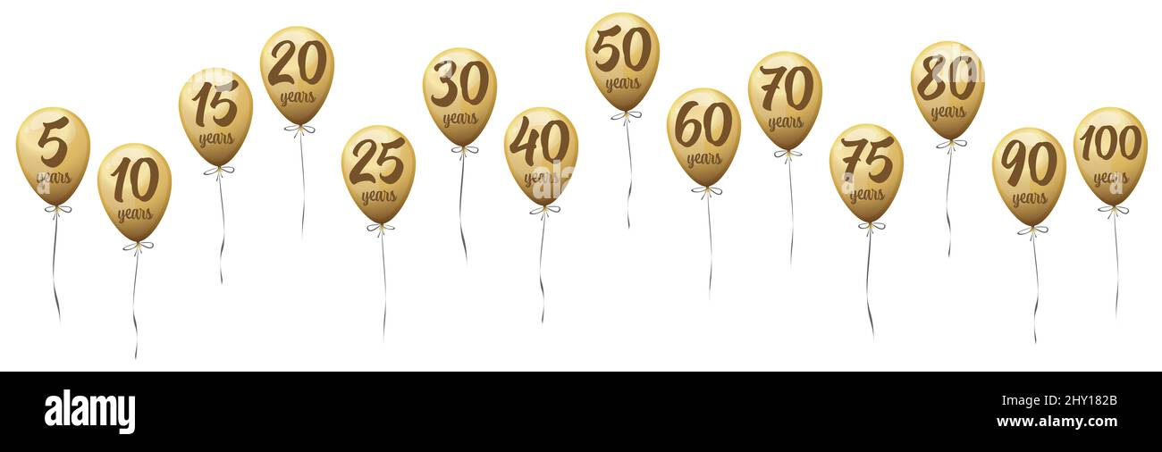 file di illustrazione vettoriale eps con palloncini d'oro per il giubileo, testo in inglese, per 100 - 5 anni di anniversario Foto Stock