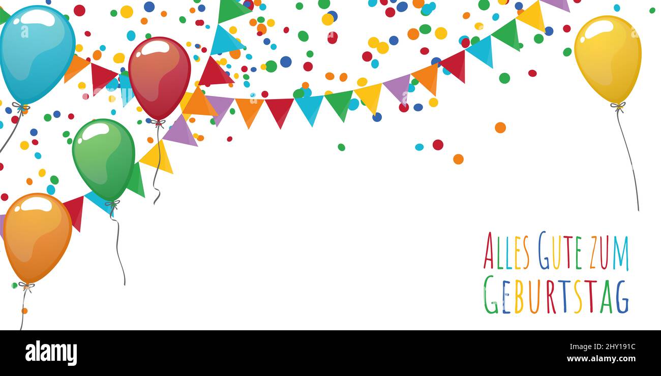 EPS 10 illustrazione vettoriale di garland felici colorate senza giunture, palloncini e confetti su sfondo bianco per uso compleanno con saluti Happy Birth Foto Stock