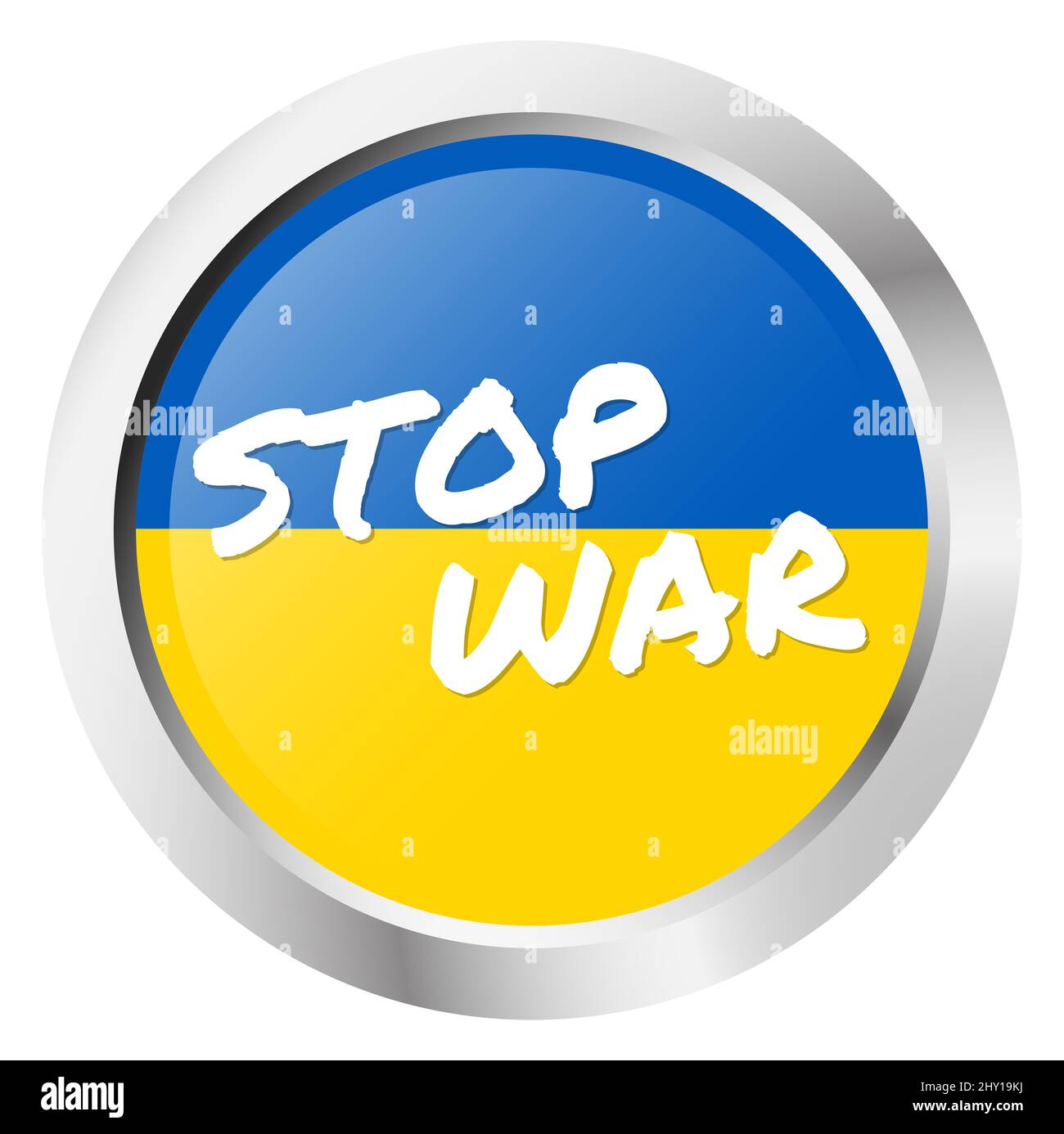 illustrazione vettoriale eps con pulsante rotondo con colori paese ucraina e testo bianco FERMARE LA GUERRA per il conflitto con la russia 2022 Foto Stock