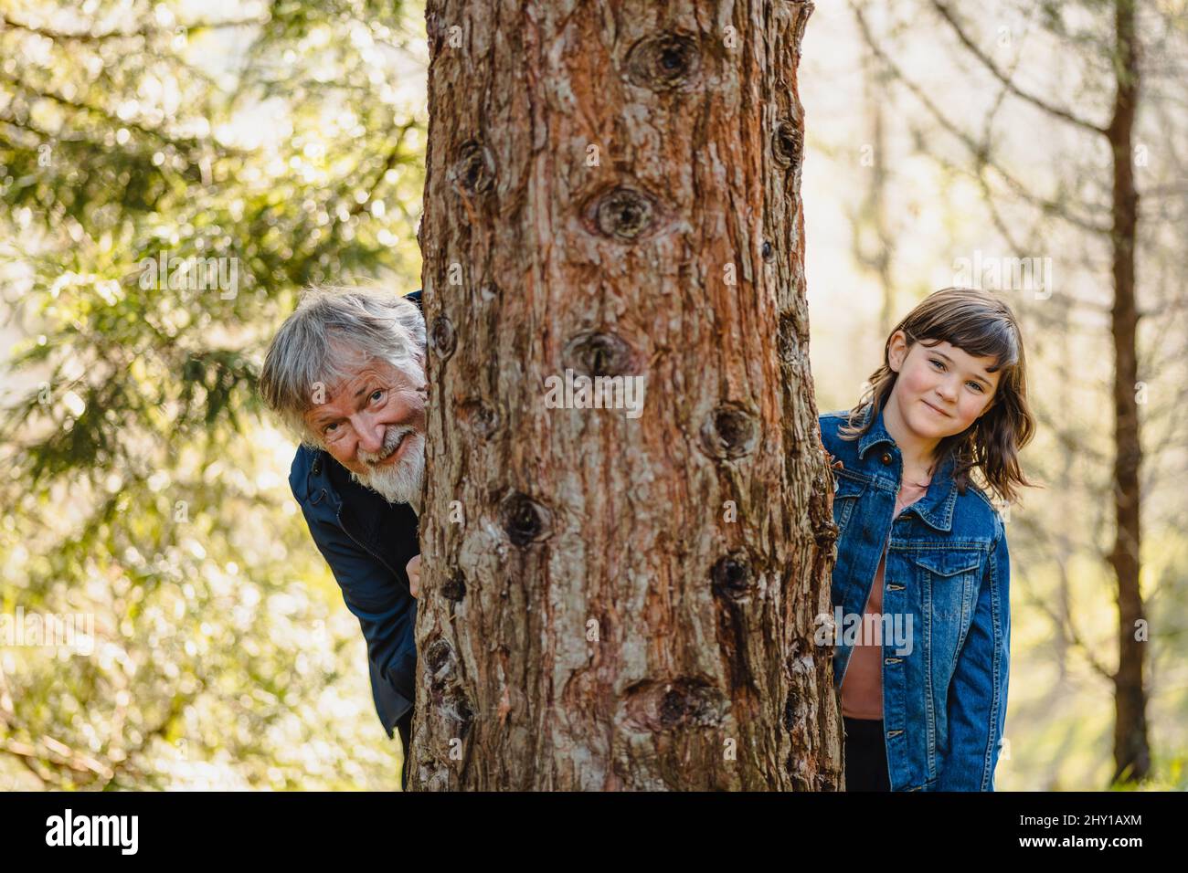 Nonno anziano positivo con capelli grigi e barba con bambina sorridente in giacca denim che si nasconde dietro l'albero e guarda la macchina fotografica nella foresta su b Foto Stock