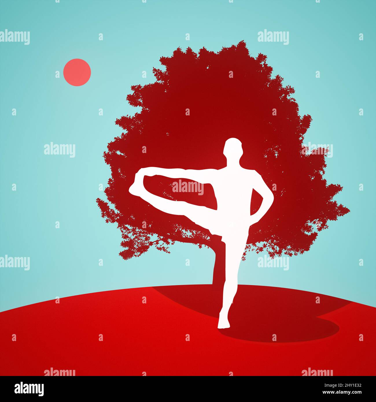 Illustrazione di una posa di yoga in piedi davanti ad un albero Foto Stock
