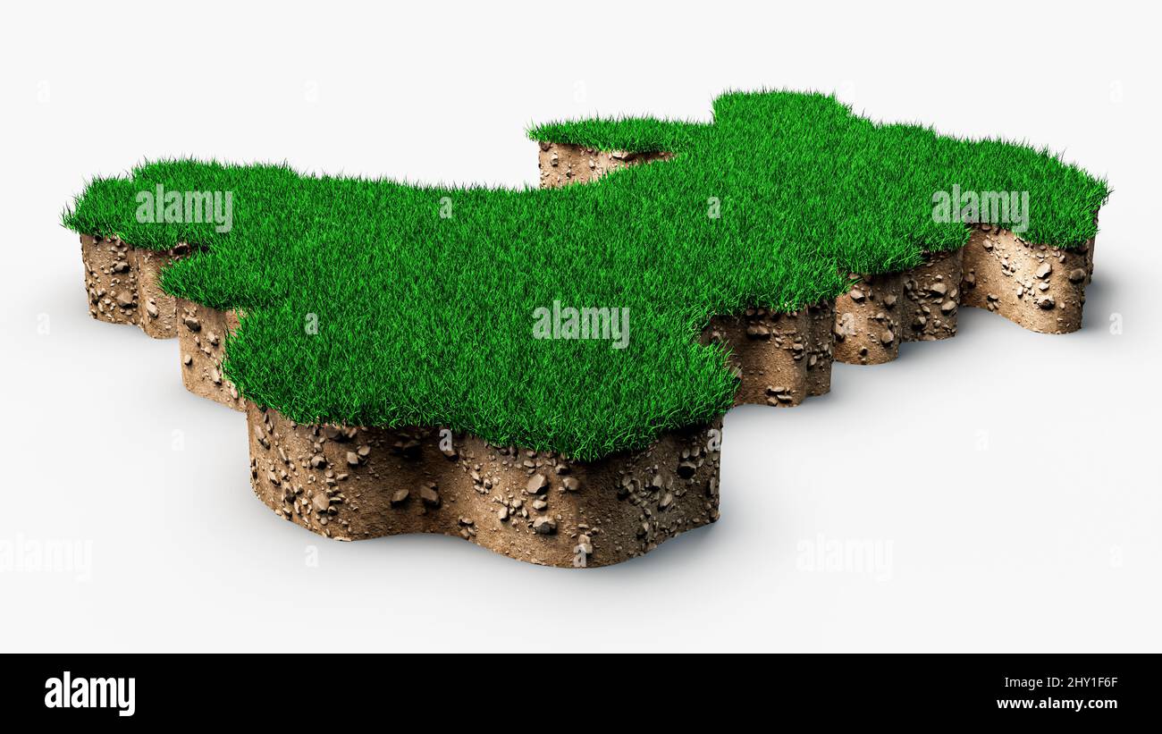 3D illustrazione della sezione trasversale geologica del terreno della mappa del Galles con erba verde e terreno roccioso Foto Stock