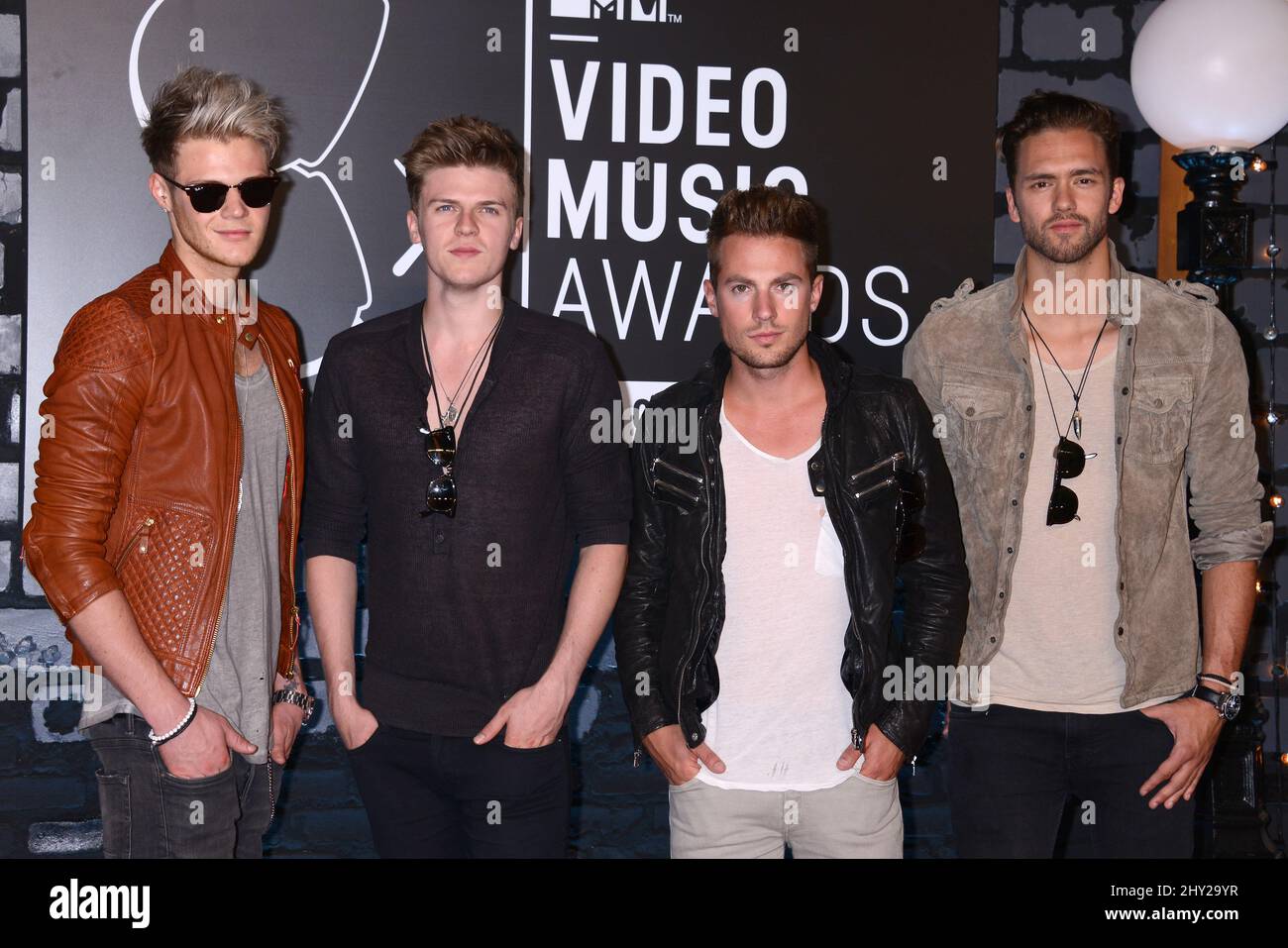 I membri della band di Lawson Ryan Fletcher, Joel Peat, Andy Brown, Adam Pitts hanno partecipato ai MTV Video Music Awards 2013 al Barclay Center di Brooklyn, New York. Foto Stock