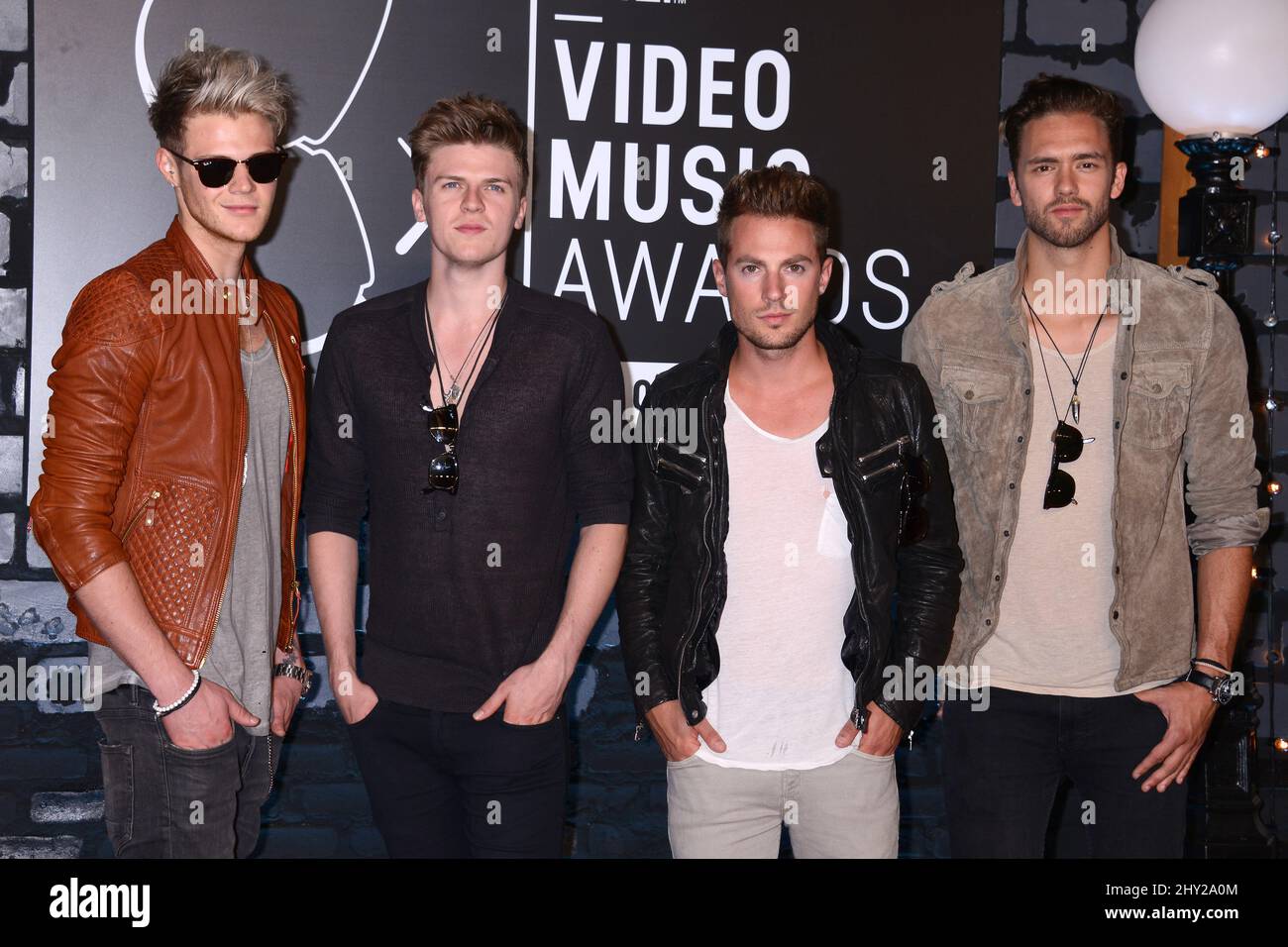 I membri della band di Lawson Ryan Fletcher, Joel Peat, Andy Brown, Adam Pitts hanno partecipato ai MTV Video Music Awards 2013 al Barclay Center di Brooklyn, New York. Foto Stock