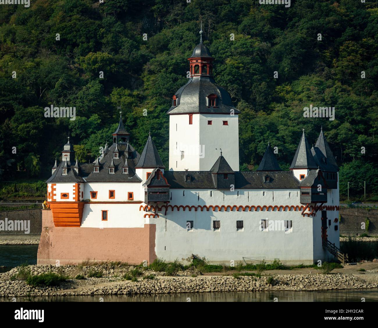 Castello di Pfalzgrafenstein sull'isola di Pfalz, sul Reno, vicino a Kaub, nella Renania-Palatinato, in Germania Foto Stock