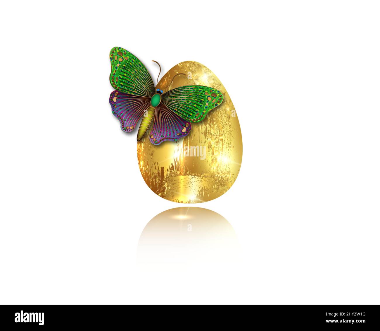 Uovo d'oro realistico con farfalla di lusso, concetto di Pasqua illustrazione vettoriale isolato su sfondo bianco Illustrazione Vettoriale