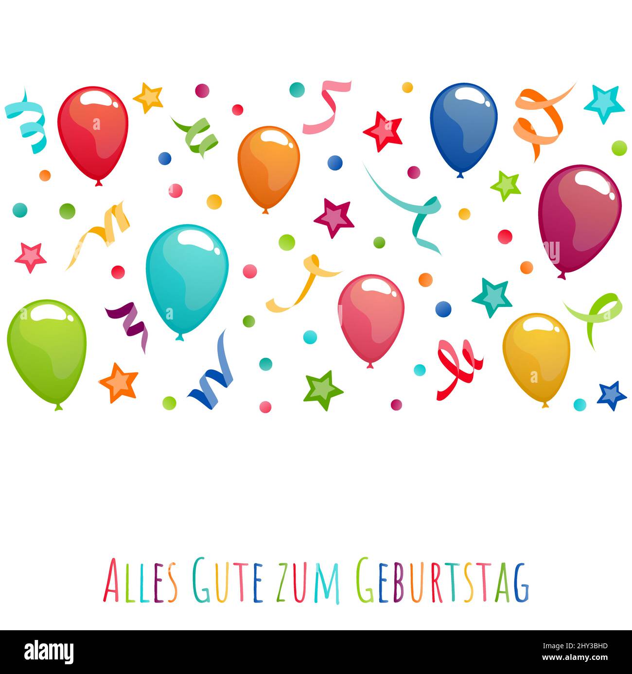 banner file di illustrazione vettoriale eps con auguri di compleanno (testo tedesco) con palloncini, streamer, confetti e stelle per compleanno e festa con Illustrazione Vettoriale