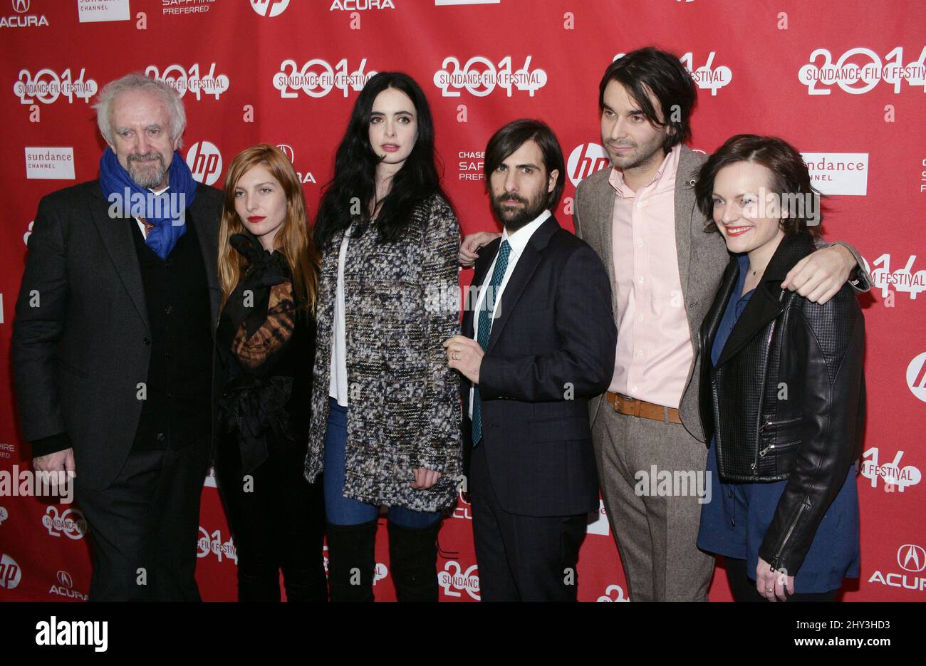 Jonathan Pryce, Josephine de la Baume, Krysten Ritter, Jason Schwartzman, Alex Ross Perry, Elisabeth Moss frequentando la prima di ascoltare Philip al Sundance Film Festival 2014, Library Center Theatre Foto Stock