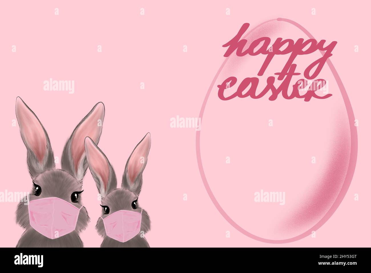 Adorabili due coniglietti grigi accanto ad un uovo rosa Foto Stock