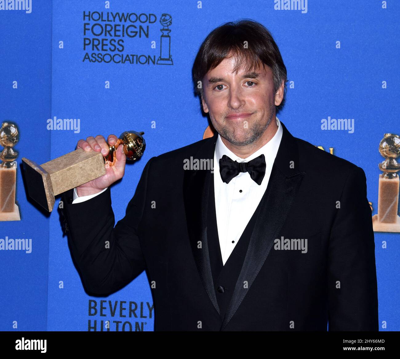 Richard Linklater nella sala stampa per i premi annuali Golden Globe 72nd che si tengono al Beverly Hilton Hotel. Foto Stock