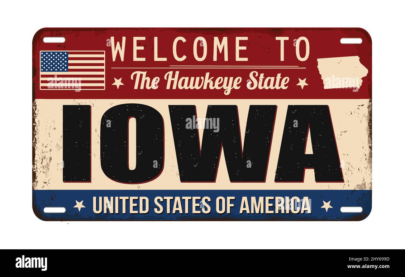 Benvenuti in Iowa vintage arrugginita targa su sfondo bianco, illustrazione vettoriale Illustrazione Vettoriale
