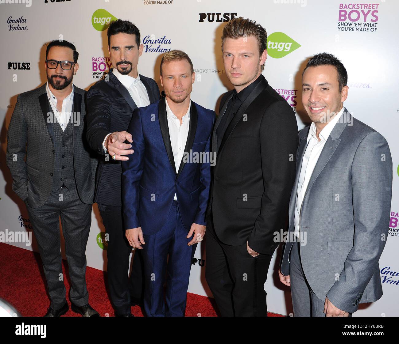 AJ McLean, Nick carter, Brian Littrell, Kevin Richardson, Howie partecipando alla prima di 'Backstreet Boys: Show 'em What You're Made of' tenutasi presso gli Arclight Cinemas di Los Angeles, California. Foto Stock