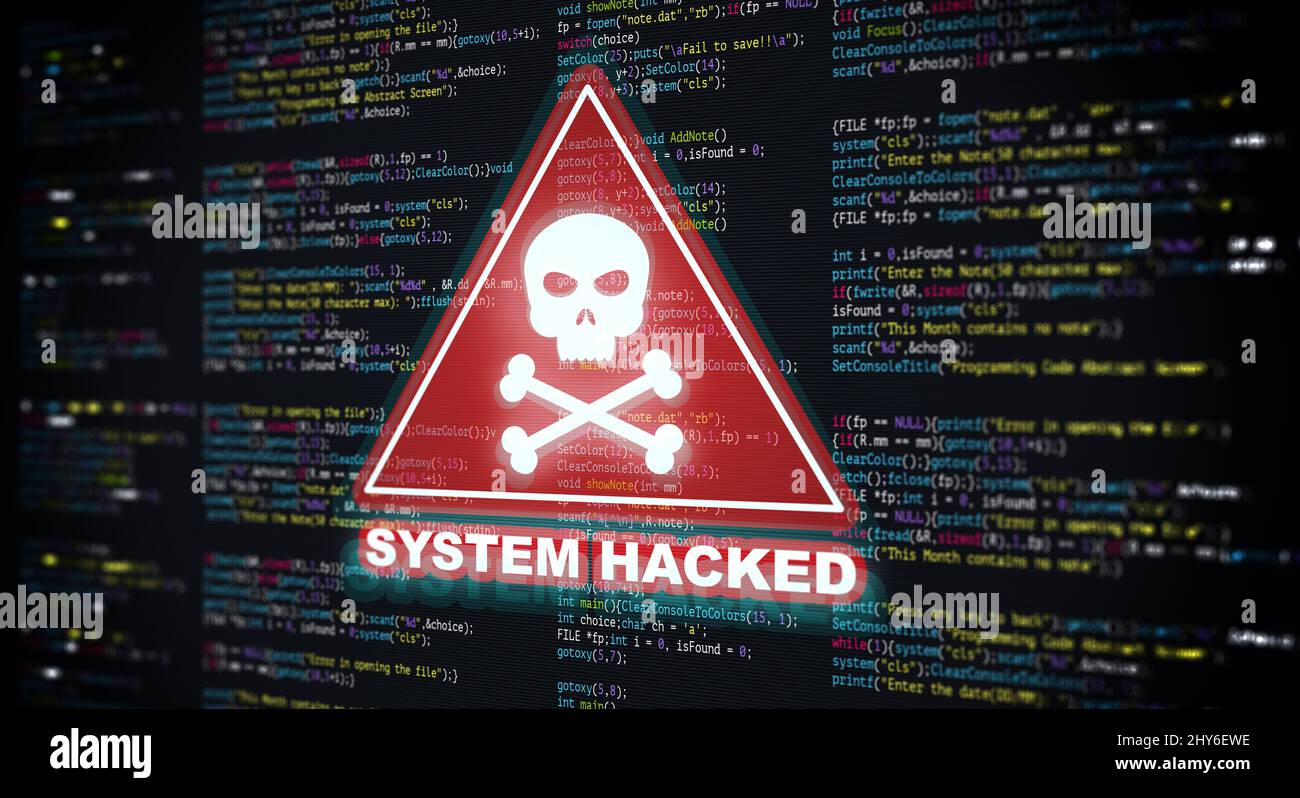 Astratto moderna tecnologia di programmazione schermata del codice con avviso di sistema hacked. Virus, malware, attacchi informatici e concetto di sicurezza informatica su Internet Foto Stock
