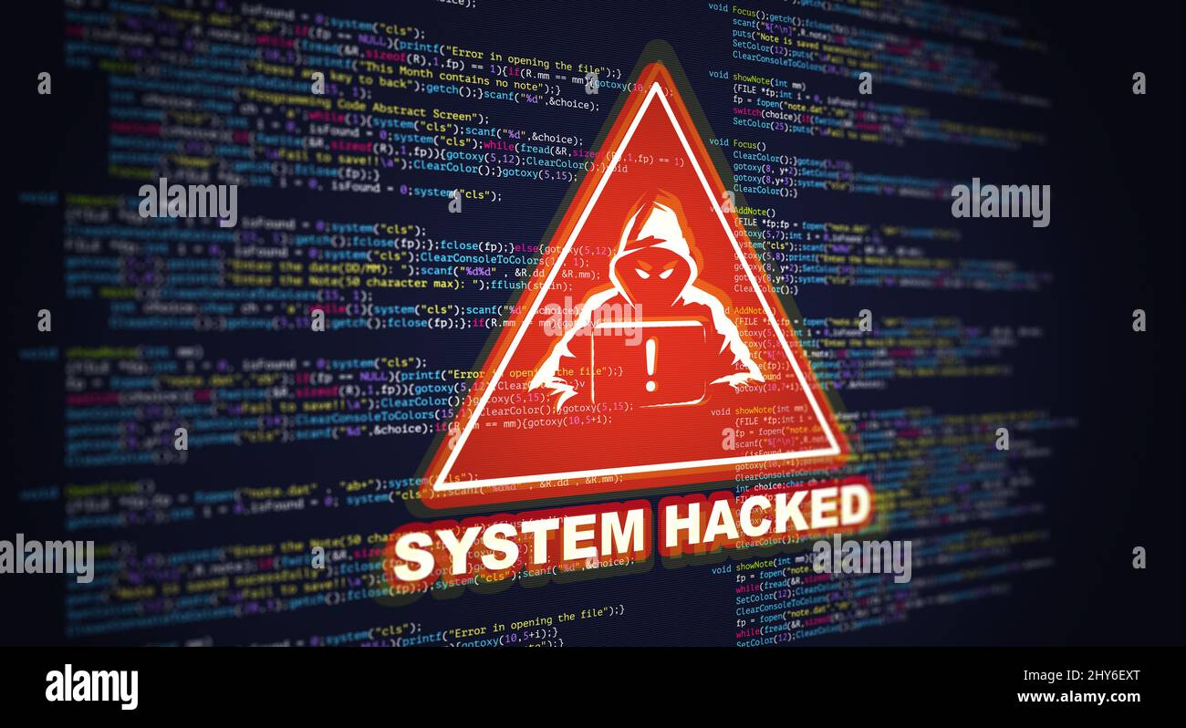 Astratto moderna tecnologia di programmazione schermata del codice con avviso di sistema hacked. Virus, malware, attacchi informatici e concetto di sicurezza informatica su Internet Foto Stock