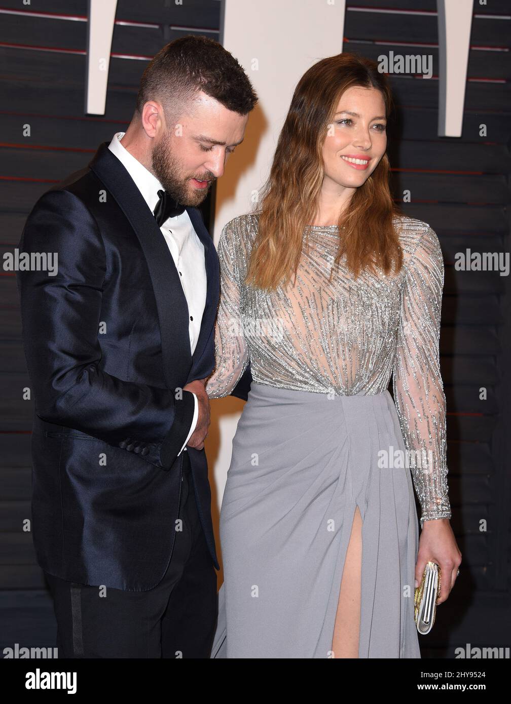 Justin Timberlake e Jessica Biel partecipano al Vanity Fair Oscar Party 2016 ospitato da Graydon carter tenuto presso il Walis Annenberg Center for the Performing Arts Foto Stock