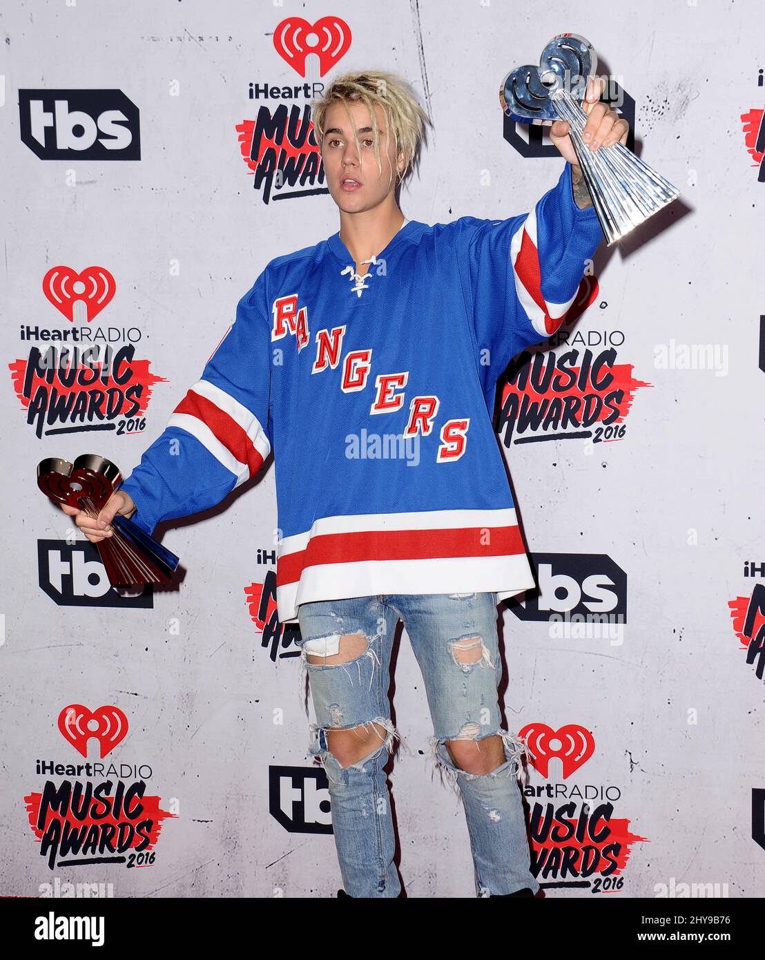 Justin Bieber al iHeart radio Music Awards 2016 Sala Stampa, il Forum, Inglewood, Los Angeles, CA, USA, 3 aprile 2016. P Foto Stock