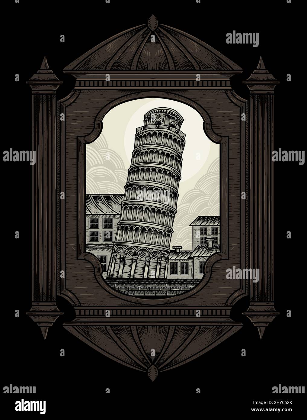 Illustrazione torre Pisa vintage con stile incisione Illustrazione Vettoriale