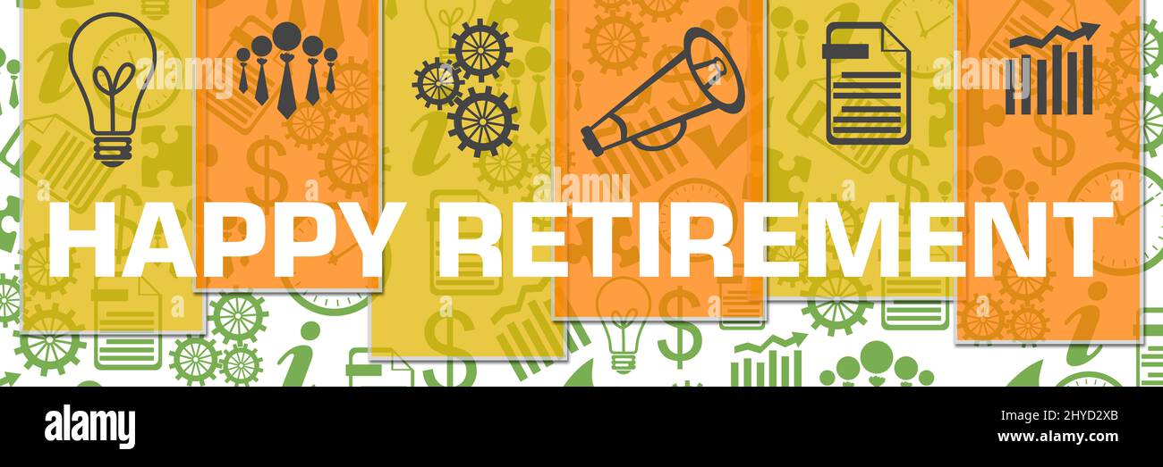 Happy Retirement Business Symbols Green Texture giallo strisce arancione Foto Stock