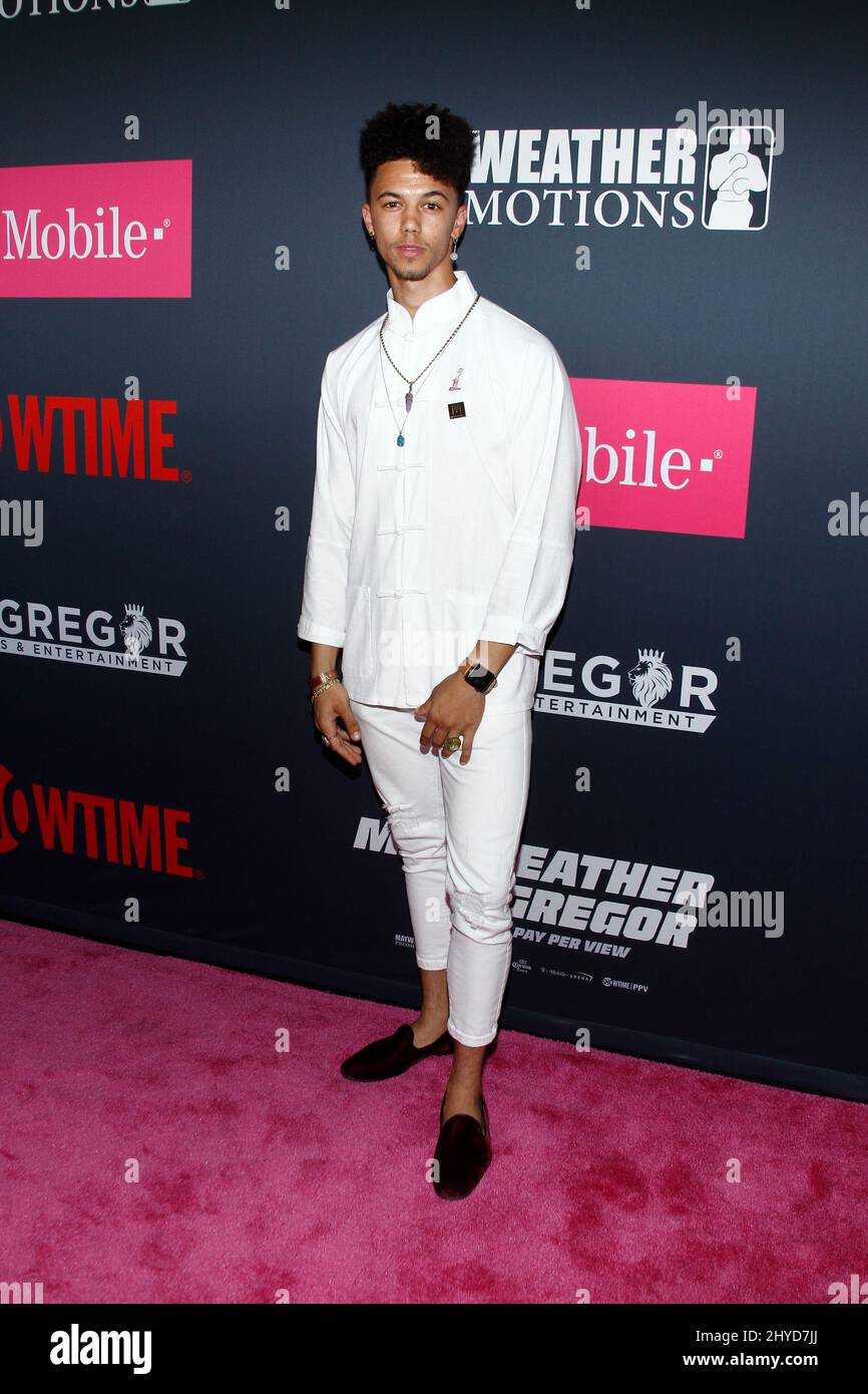 Dominique Columbus arriva per Showtime's Mayweather vs McGregor Pre-Event VIP Party Red carpet tenuto presso la T-Mobile Arena di Las Vegas Foto Stock