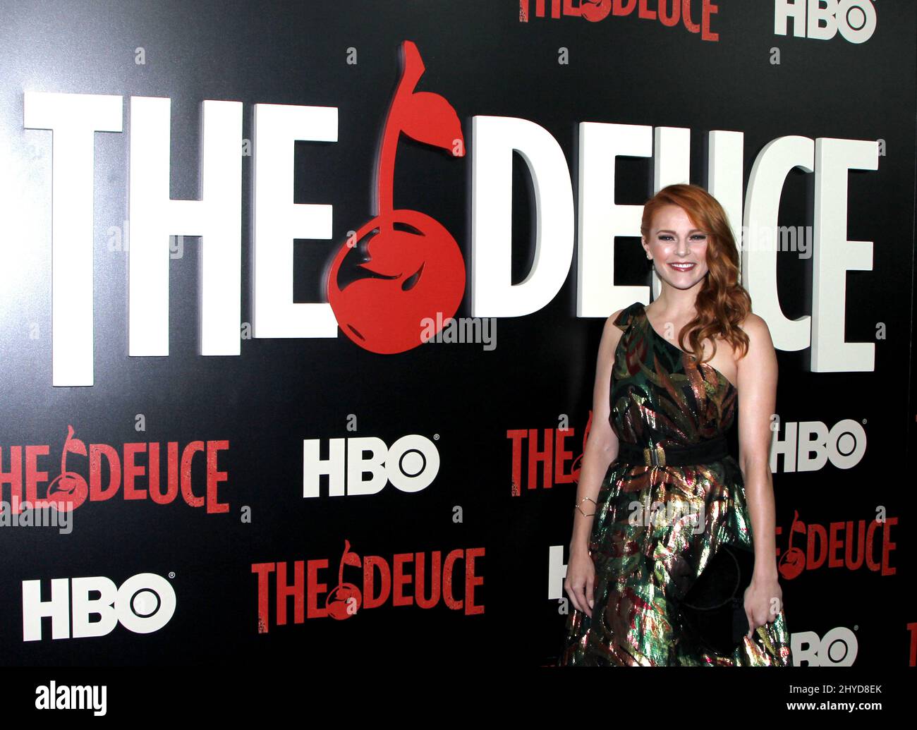 Amber Skye Noyes partecipa alla prima 'The Deuce' tenutasi al SVA Theatre di New York, USA Foto Stock